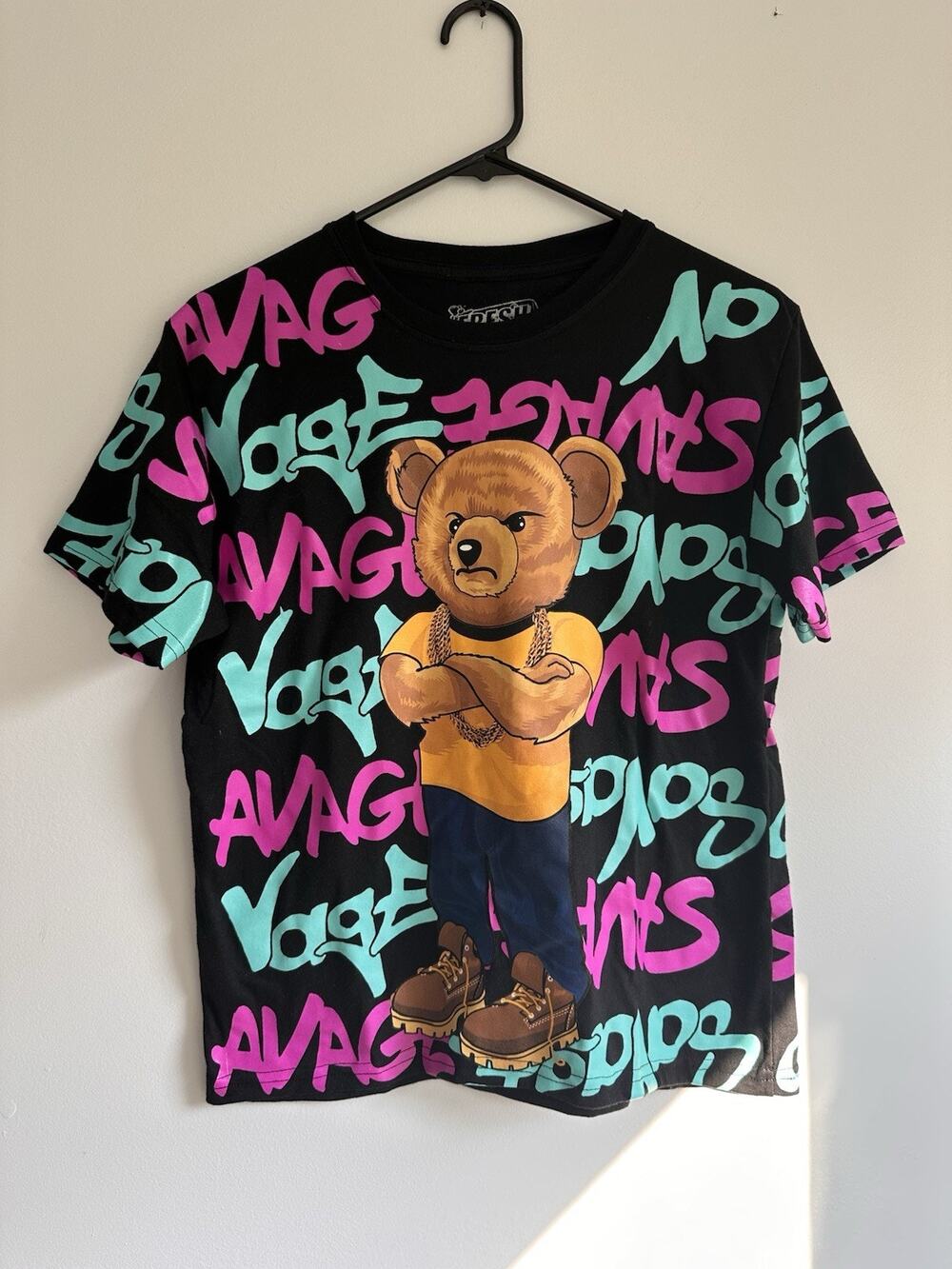 Fresh Laundry Savage Bear Shirt Youth Size L Black Hype Spell out AOP